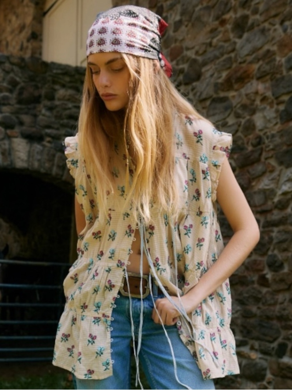 Free People Bohemian Prairie Sundown Mini Dress Tunic Top Ivory Combo Size XL